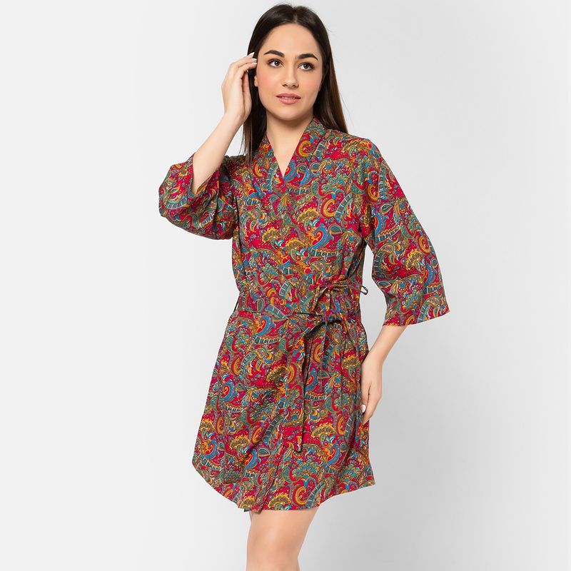 Clovia Paisley Print Robe In Multicolour - Crepe (S)