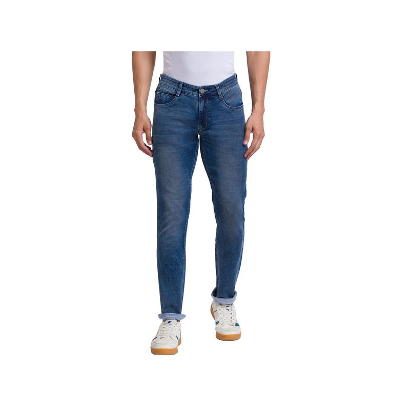 Parx Slim Tapered Fit Solid Blue Jeans (34)
