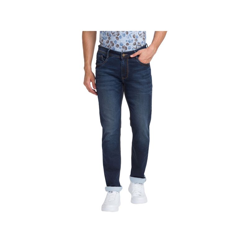 Parx Slim Tapered Fit Solid Dark Blue Jeans (38)