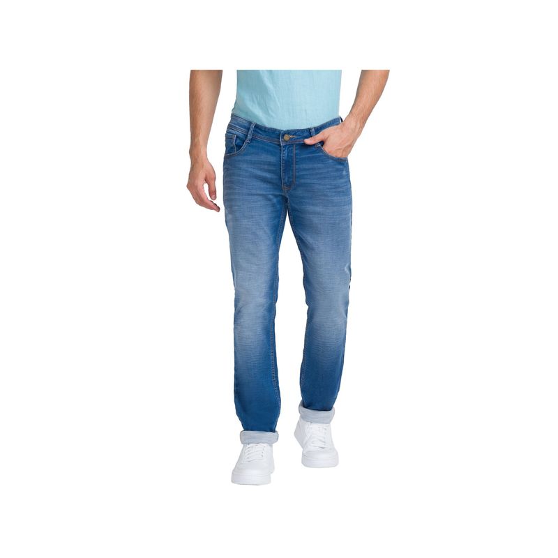 Parx Slim Tapered Fit Solid Blue Jeans (32)