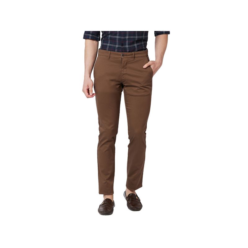 Parx Slim Tapered Fit Solid Dark Brown Trouser (34)