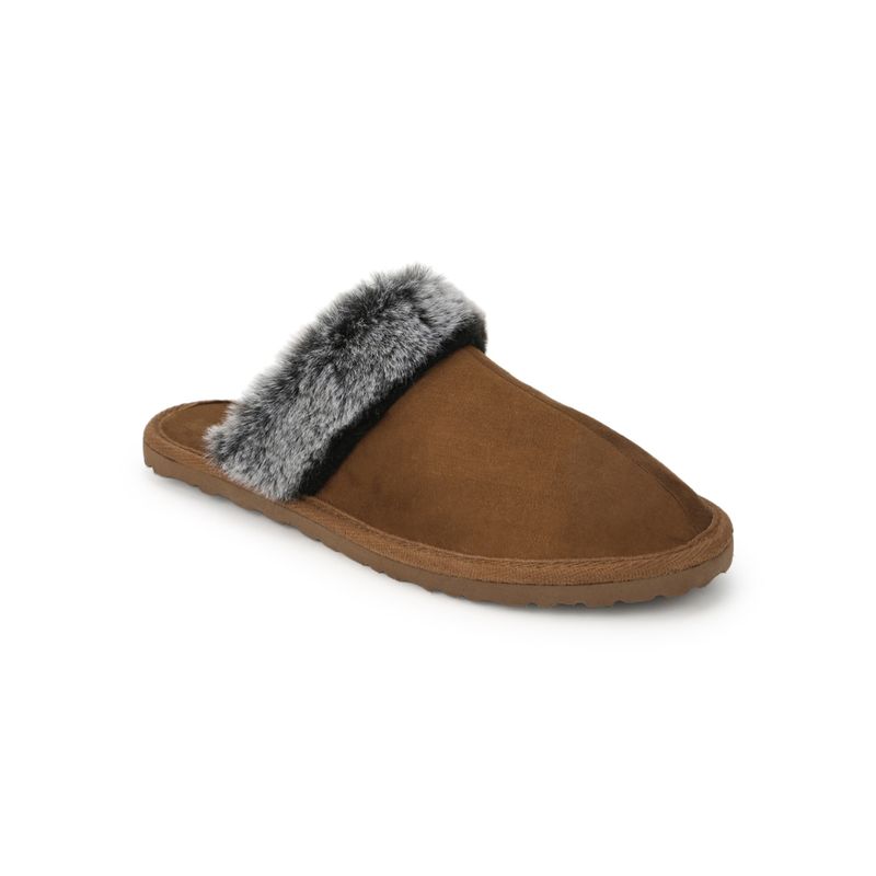 Truffle Collection Tan Micro Fuzzy Slippers With Faux Fur - UK 3