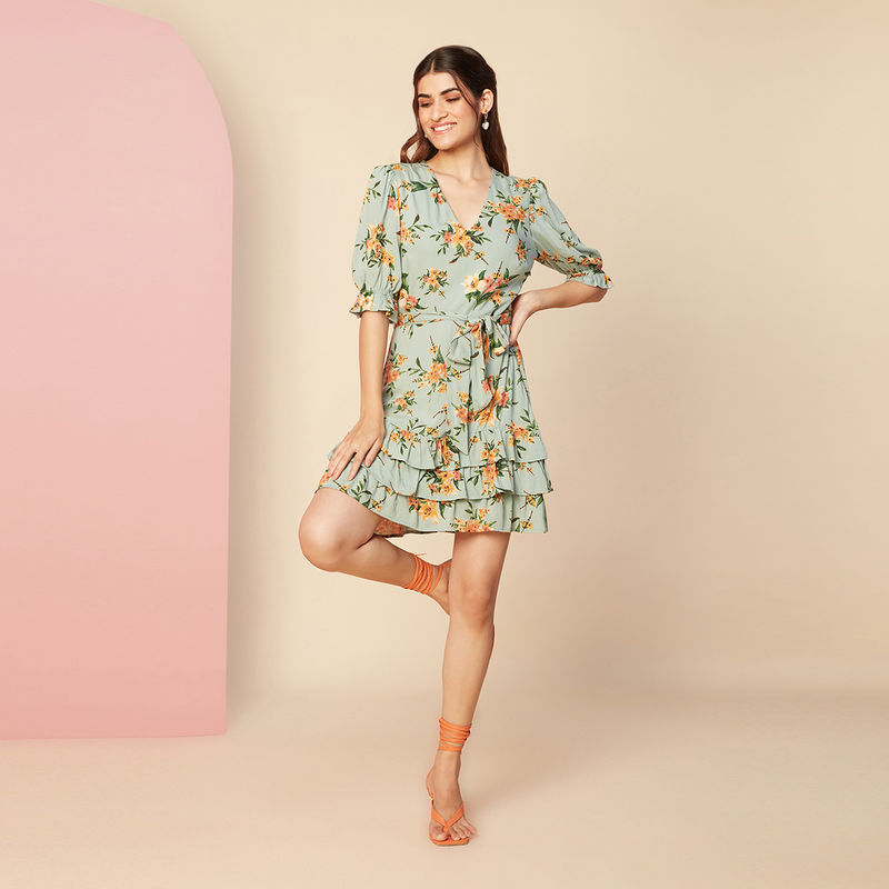 Twenty Dresses by Nykaa Fashion Green Floral Printed V Neck Fit and Flare Short Dress (M)