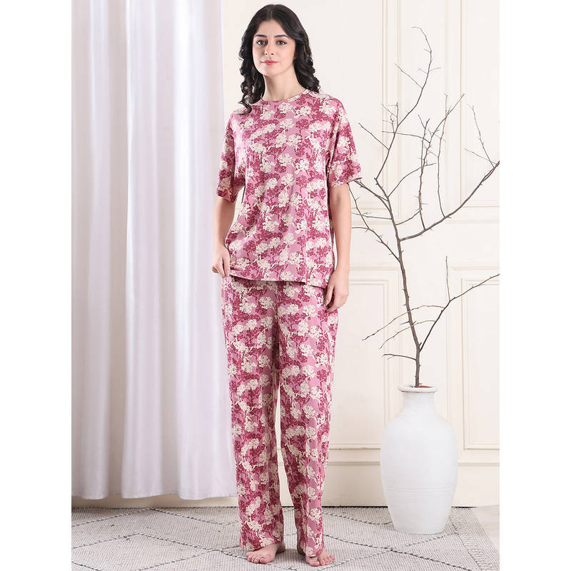 Kanvin Pink Women's Floral Top with Pyjama (Set of 2) (S)