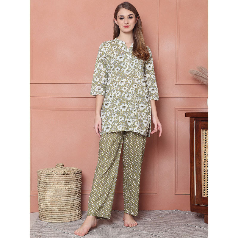 Kanvin Green Women's Floral Print Top with Pyjama (Set of 2) (L)