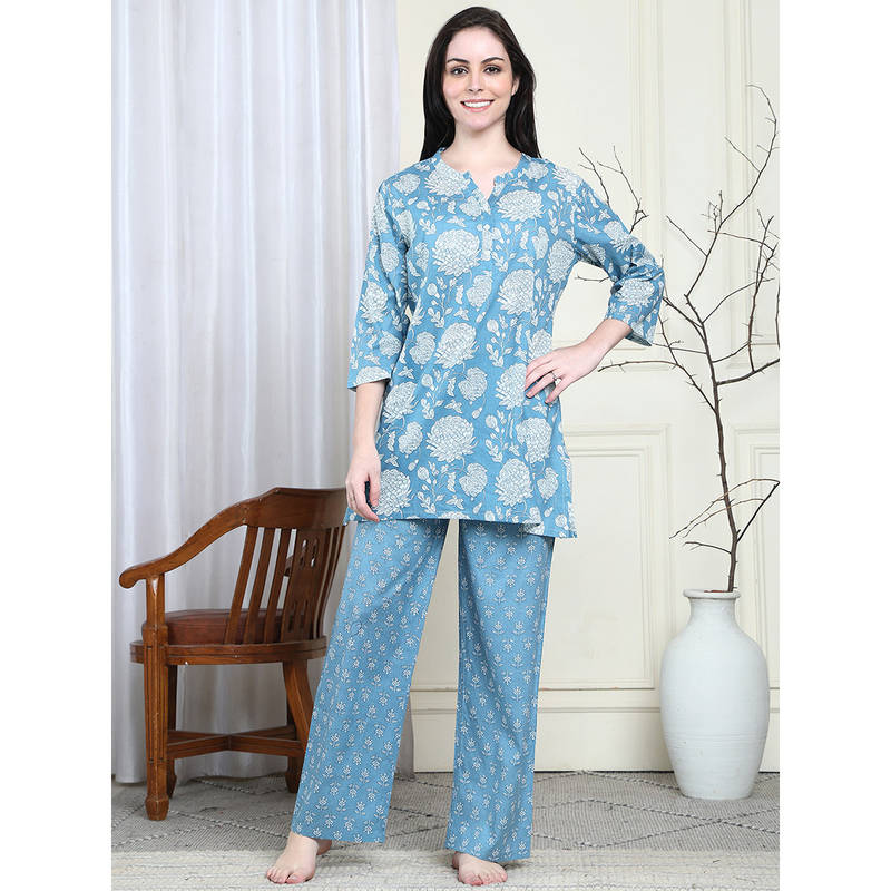 Kanvin Blue Women's Printed Top with Pyjama (Set of 2) (M)