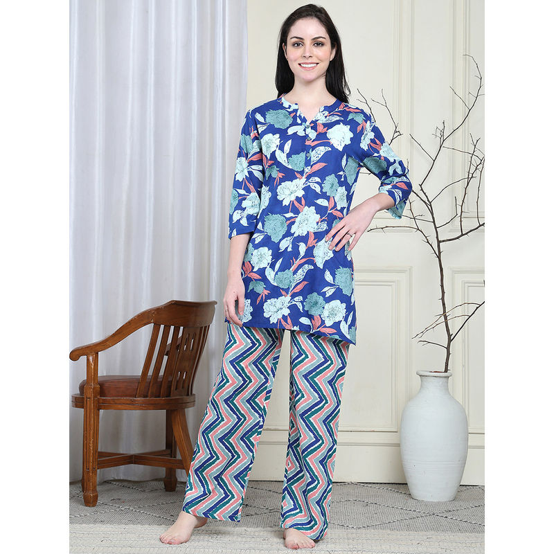 Kanvin Dark Blue Women's Top with Pyjama (Set of 2) (M)