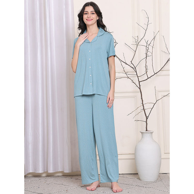 Kanvin Blue Women's Shirt with Pyjama (Set of 2) (M)