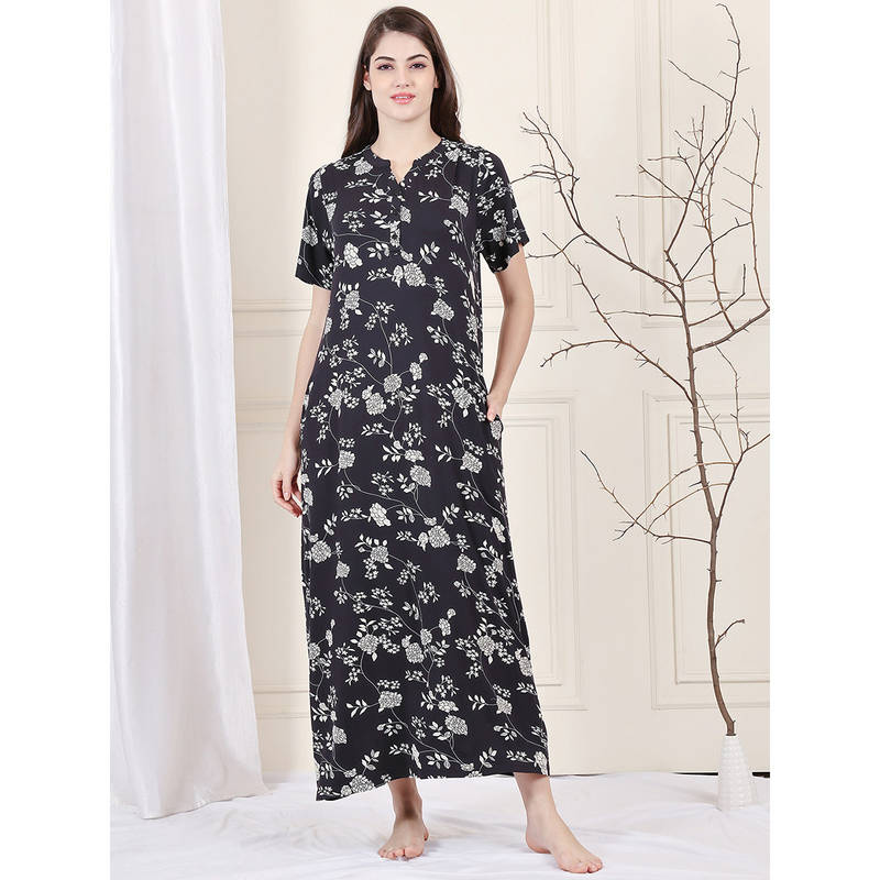 Kanvin Black Women's Floral Long Nighty (2XL)