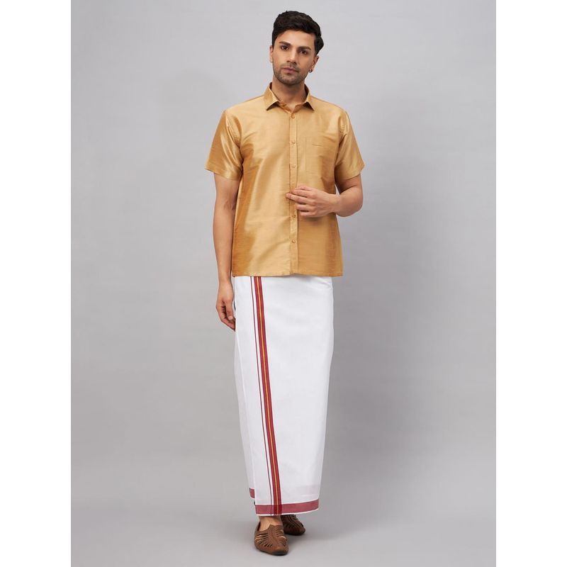 Vastramay Men Rose Gold And White Silk Blend Shirt And Mundu (Set of 2) (L)