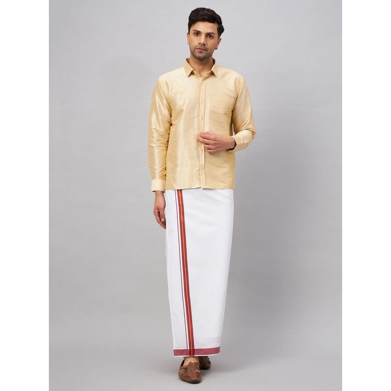 Vastramay Men Gold And White Silk Blend Shirt And Mundu (Set of 2) (L)