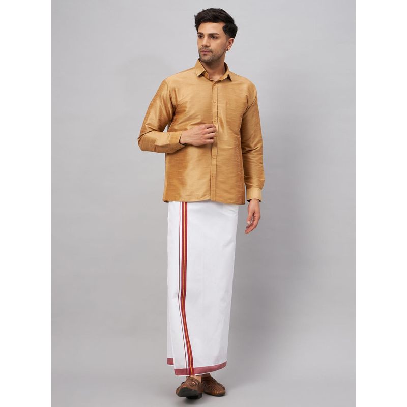 Vastramay Men Rose Gold And White Silk Blend Shirt And Mundu (Set of 2) (L)