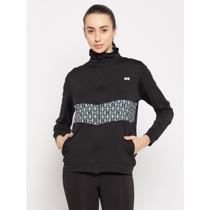 Clovia Comfort-Fit Active Jacket In Black with Printed Panel (M)