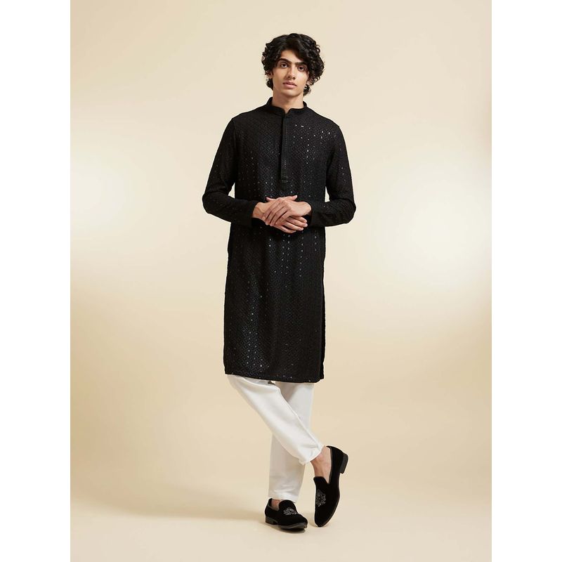 Diwas by Manyavar Men Black Viscose Sequin Work Kurta and Pyjama (XL)