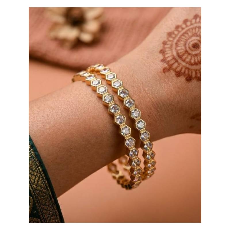 ZEVARLY White Plated Cubic Zirconia Studded Bangle (Pack of 2) (2.4)