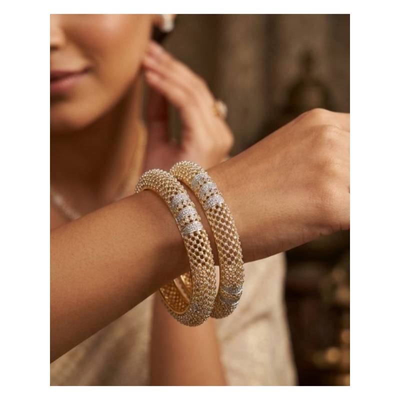 ZEVARLY White Plated American Diamond Stone Studded Bangles (Pack of 2) (2.6)