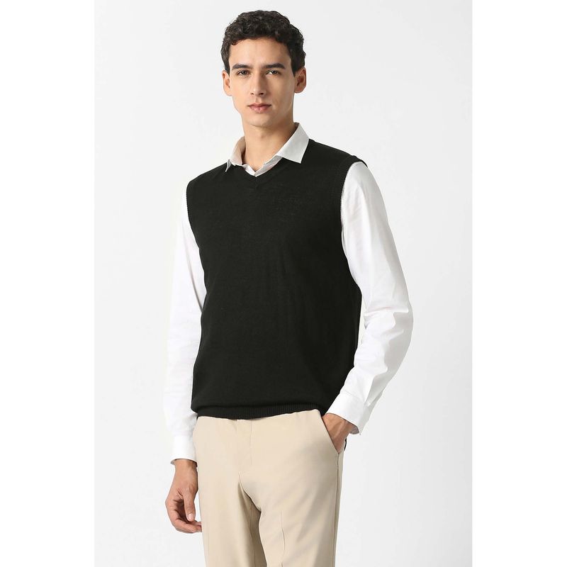 Van Heusen Men Black Textured V Neck Sweater (L)