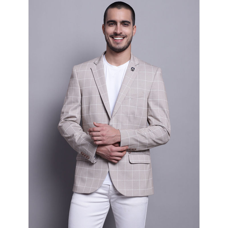 Cantabil Mens Beige Checks Single Breasted Casual Blazer (38)