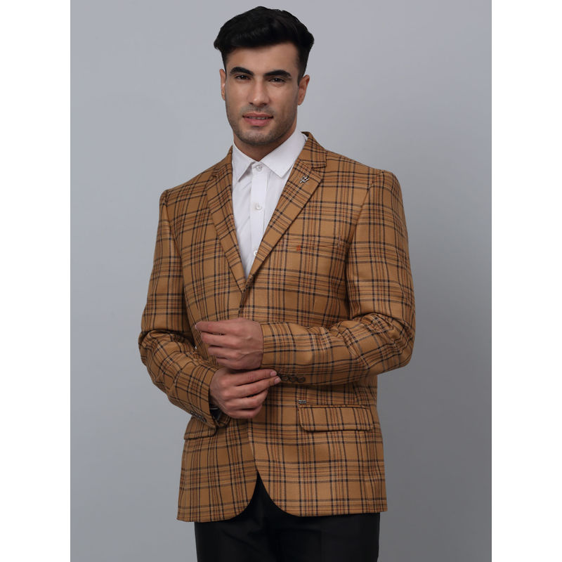 Cantabil Mens Mustard Checks Single Breasted Formal Blazer (36)
