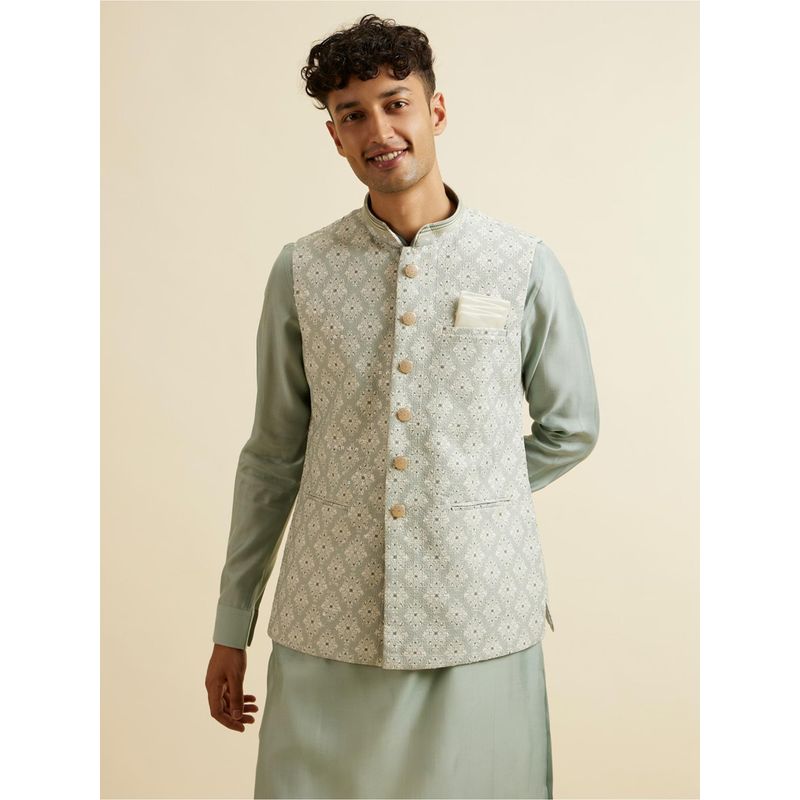 Manyavar Pista Green Buta Jaal Patterned Jacket for Men (S)