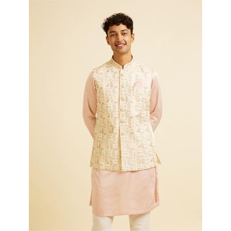 Manyavar Cream Satin Embroidery Thread Work Sequin Work Jacket for Men (S)