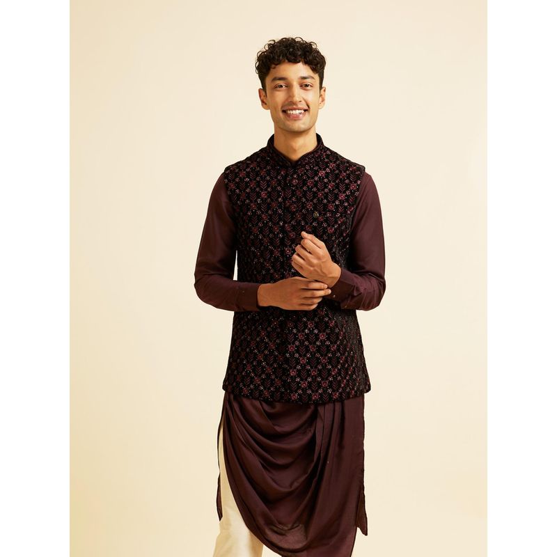 Manyavar Wine Velvet Embroidery Floral and Stone Work Jacket for Men (L)