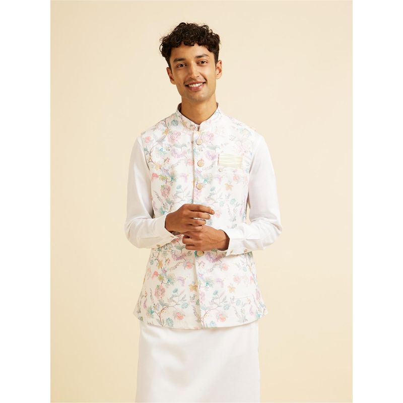 Manyavar Warm White Bel Buti Print Nehru Jacket for Men (M)