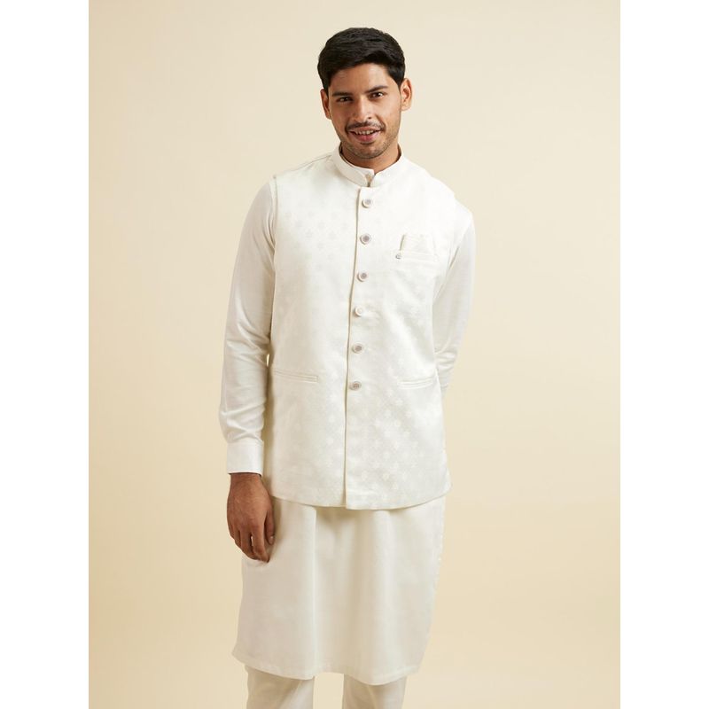 Manyavar Warm White Ditsy Floral Print Jacket for Men (M)