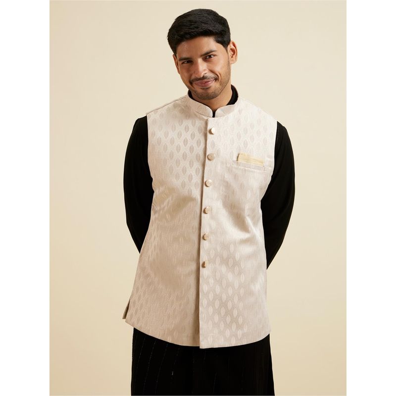 Manyavar Beige Brocade Jacket with Leaf Motifs for Men (M)