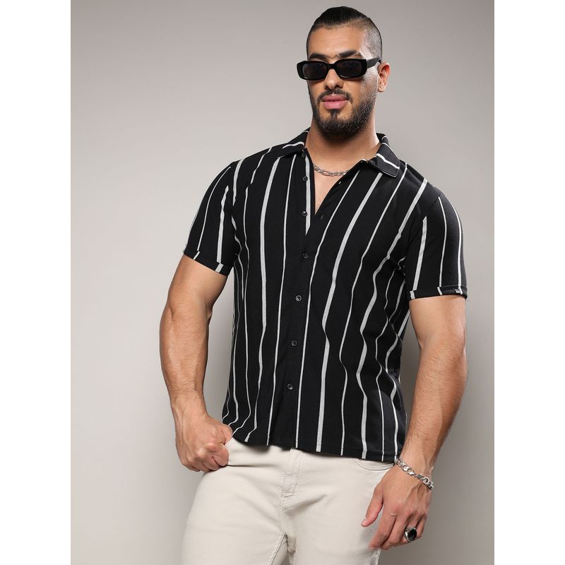 Instafab Plus Mens Black Pencil Striped Shirt (4XL)