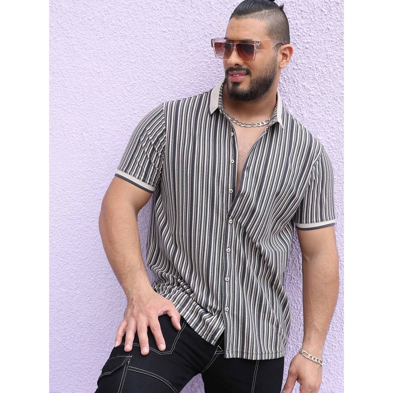 Instafab Plus Mens Light Grey & Navy Blue Contrast Knitted Shirt (4XL)