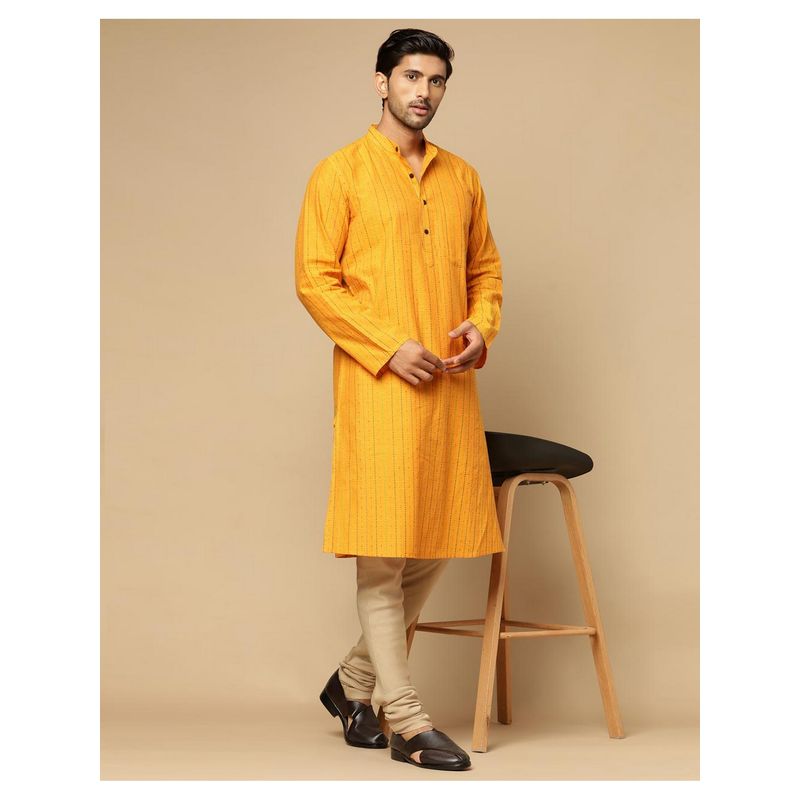 Fabindia Yellow Cotton Dobby Slim Fit Long Kurta (S)