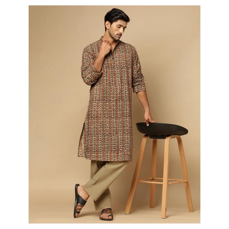 Fabindia Green Cotton Kalamkari Printed Long Kurta (XS)