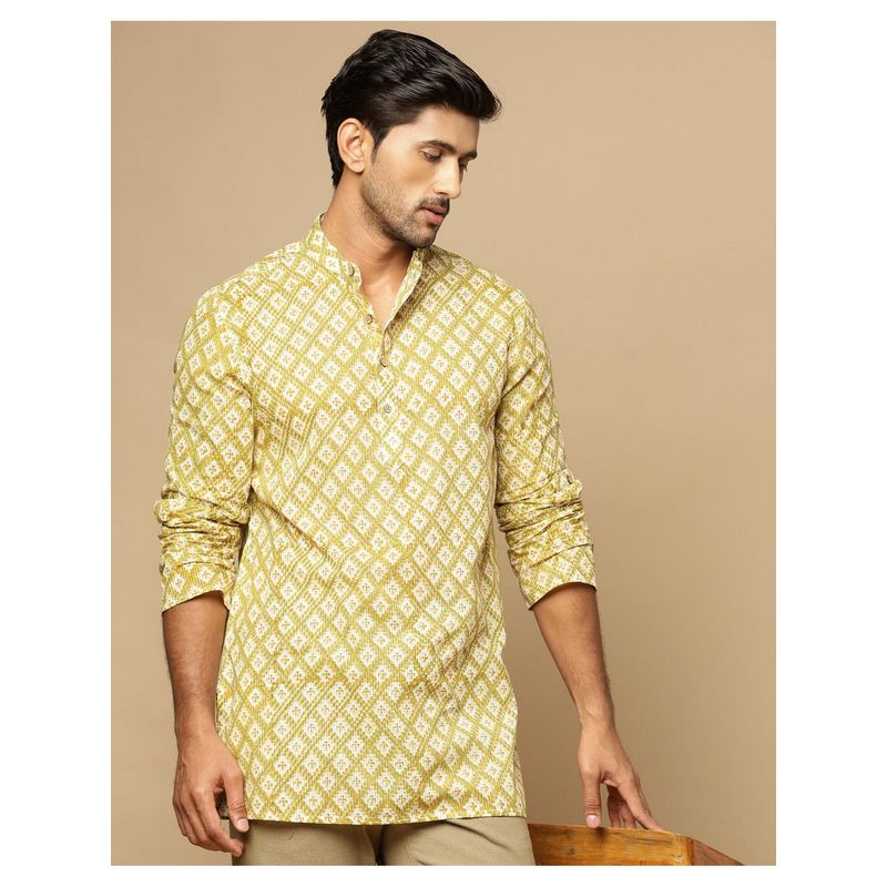 Fabindia Yellow Cotton Hand Block Printed Slim Fit Short Kurta (XS)