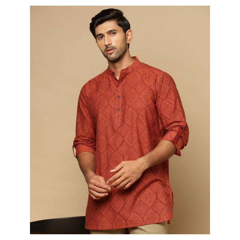 Fabindia Rust Cotton Hand Block Printed Slim Fit Short Kurta (XS)