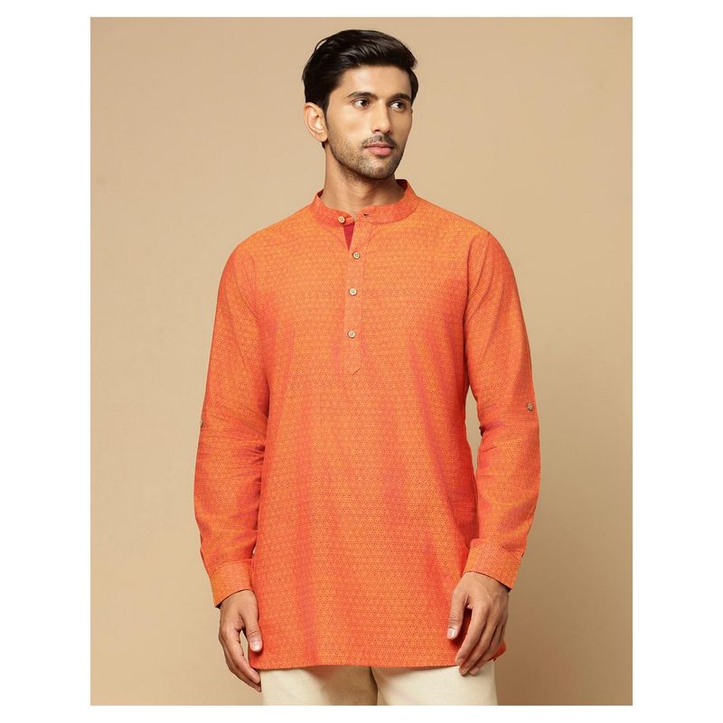 Fabindia Orange Cotton Hand Block Printed Slim Fit Short Kurta (L)