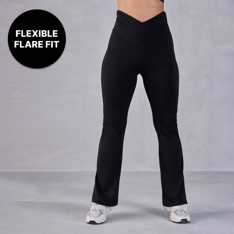 Kica Criss Cross Flare Pants in Sculpting Stretch Kica SKN Fabric - Mid Rise with Side Slits Black (M)