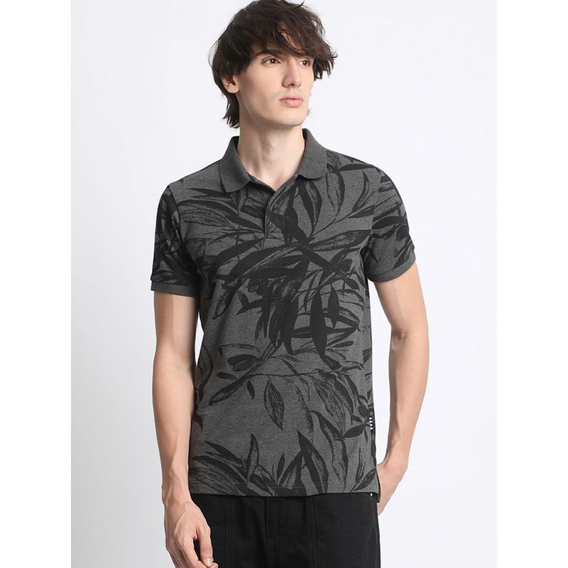 THE BEAR HOUSE Men Cotton Floral Regular Fit Collar Neck Grey Polo T-Shirt (S)