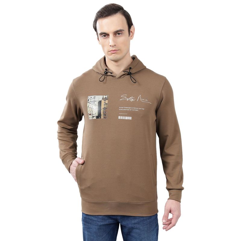 Cantabil Brown Printed Casual Hoodie (L)
