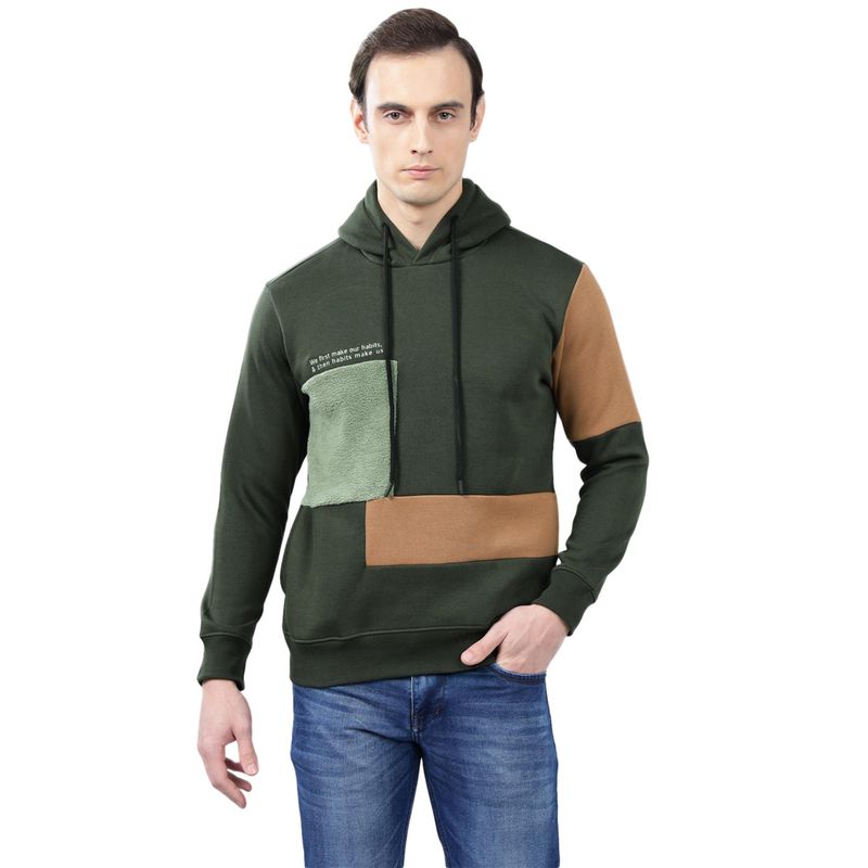 Cantabil Olive-Green Color Block Casual Hoodie (M)
