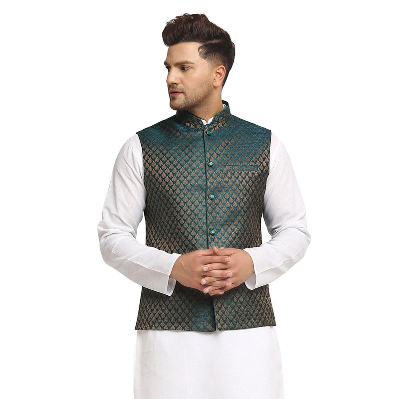 TREEMODA New Designer Men Dark Green Brocade Nehru Jacket With Golden Work (S)