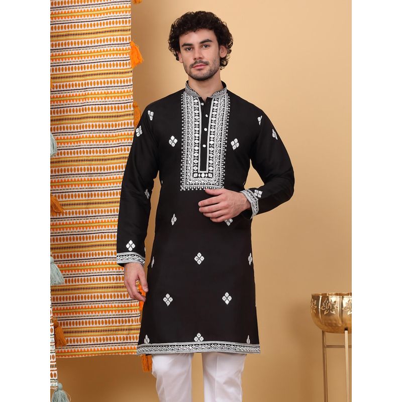 KRAFT INDIA LUXE Men'S Black Cotton Silk Ethnic Motifs Embroidered Kurta (40)