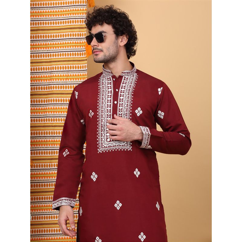 KRAFT INDIA LUXE Men'S Maroon Cotton Silk Ethnic Motifs Embroidered Kurta (42)