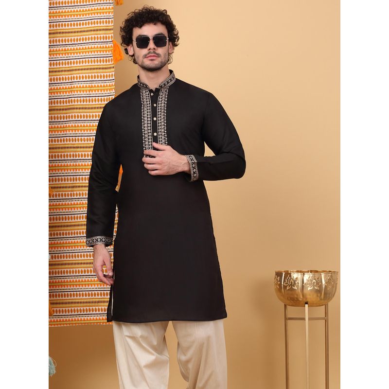 KRAFT INDIA LUXE Men'S Black Cotton Silk Ethnic Motifs Embroidered Kurta (40)