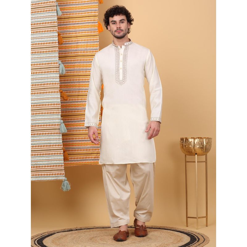 KRAFT INDIA LUXE Men'S Cream Cotton Silk Ethnic Motifs Embroidered Kurta (38)
