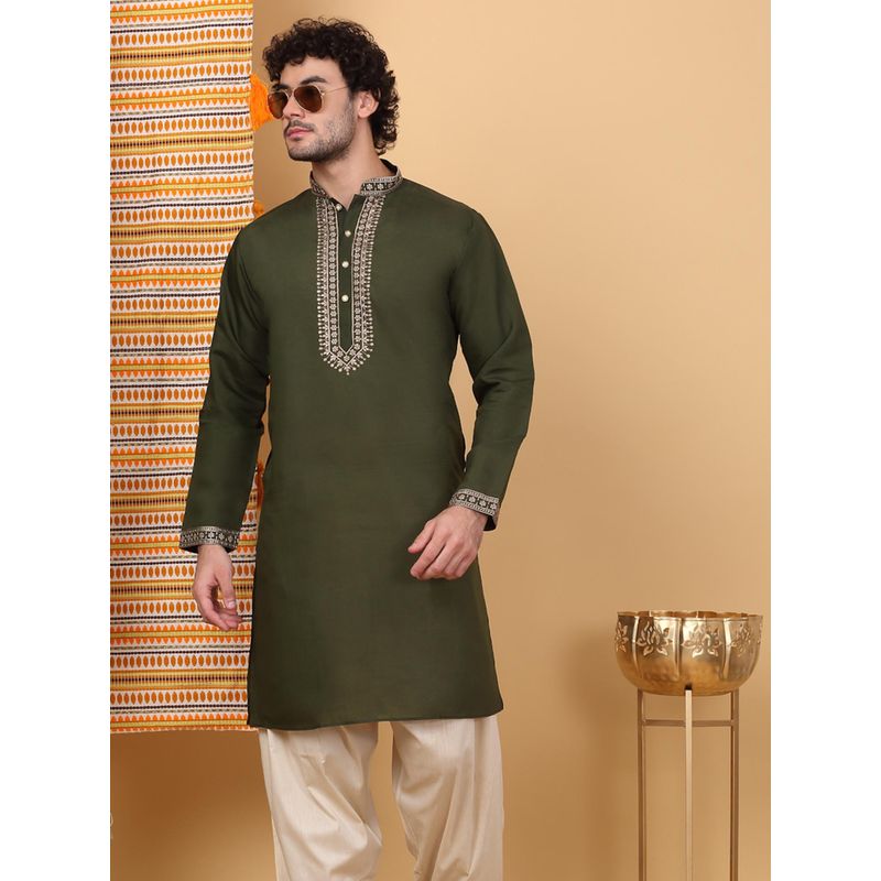 KRAFT INDIA LUXE Men'S Olive Green Cotton Silk Ethnic Motifs Embroidered Kurta (40)