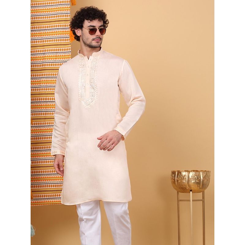 KRAFT INDIA LUXE Men'S Peach Cotton Silk Ethnic Motifs Embroidered Kurta (36)