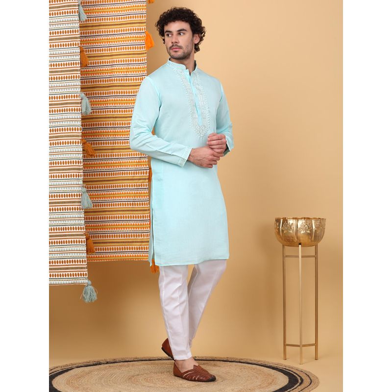 KRAFT INDIA LUXE Men'S Sky Blue Cotton Silk Ethnic Motifs Embroidered Kurta (42)