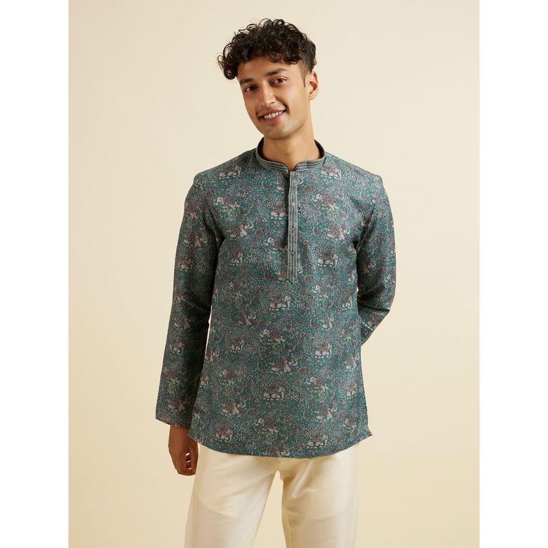 Manyavar Teal Green Bagh Print Short Kurta for Men (XL)