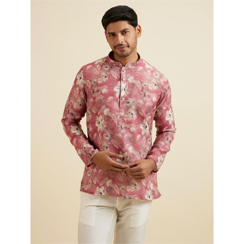 Manyavar Coral Pink Floral Printed Short Kurta for Men (L)